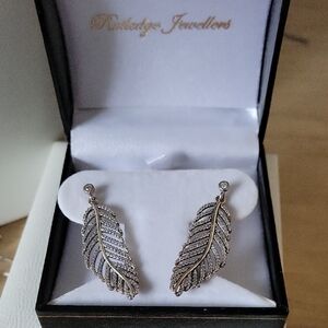 Pandora Silver Feather Earrings with Intricate Design